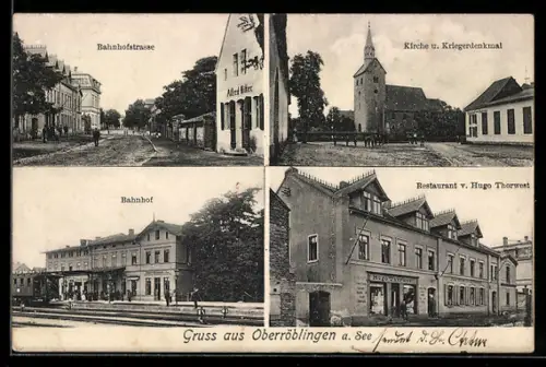 AK Oberröblingen a. See, Reataurant Hugo Thorwest, Bahnhof, Bahnhofstrasse, Kirche u. Kriegerdenkmal