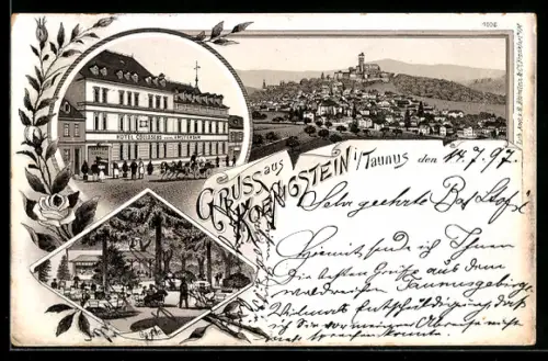 Lithographie Königstein i. T., Hotel Colloseus vorm. Amsterdam mit Garten, Gesamtansicht mit Burg