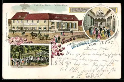 Lithographie Oberröblingen am See, Gasthof zum Salzsee H. Meise mit Strasse, Garten u. Saal