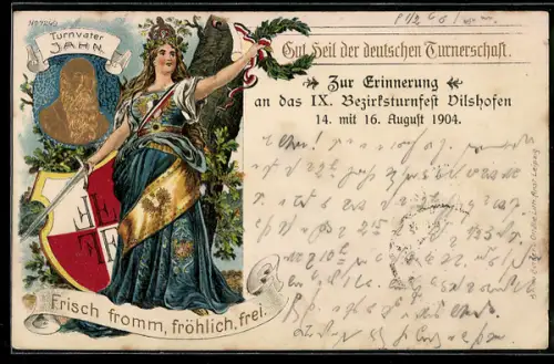 Präge-Lithographie Vilshofen, Bezirksturnfest 1904, Frauenfigur, Wappenschild, Siegerkranz, Turnvater Jahn