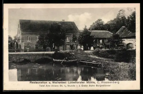AK Burgwaldniel /Amern, Restaurant u. Wellenbad Lüttelforster Mühle C. Wassenberg, mit Bootspartie u. Brücke