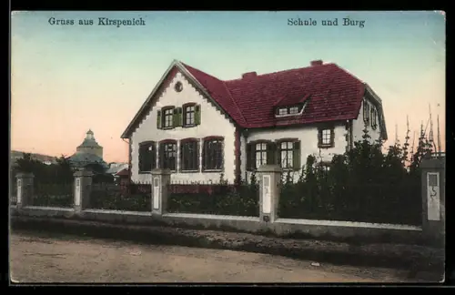 AK Kirspenich, Schule und Burg, Panorama v. d. Strasse