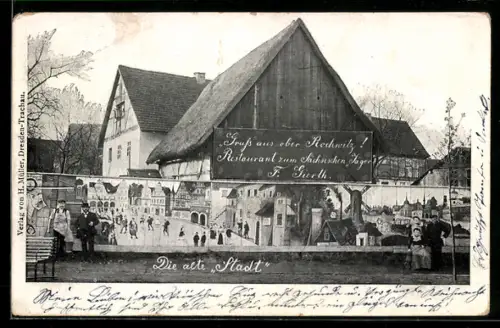 AK Dresden-Rochwitz, Ober Rochwitz, Restaurant zum Sächs. Jäger F. Gierth, Mauergemälde Die alte Stadt, Wirtsleute