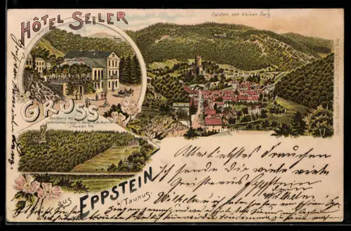 Lithographie Eppstein /Ts., Ortsansicht vom kleinen Berg aus, Hotel Seiler