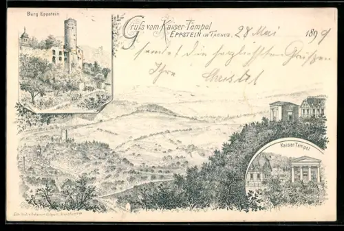 Lithographie Eppstein im Taunus, Kaiser-Tempel, Burg Eppstein, Ortsansicht