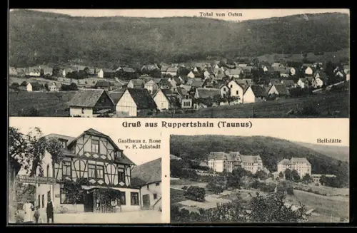 AK Ruppertshain /Taunus, Gasthaus zur Rose P. Ickstadt mit Wirtsleuten, Heilstätte, Totalansicht von Osten
