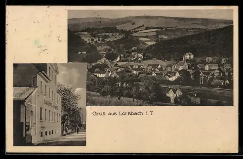 AK Lorsbach i. T., Pension-Restaurant zur Nassauer Schweiz H. Rothenbächer, Gesamtansicht mit Bahnschienen