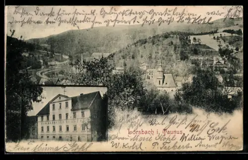 AK Lorsbach i. T., Restaurant zur Nassauer Schweiz, Teilansicht mit Kirche u. Bergpanorama