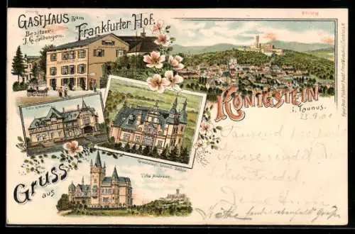 Lithographie Königstein i. Taunus, Gasthaus zum Frankfurter Hof, Villa Rothschild, Villa Andreae, Grossh. Luxemb. Schlos