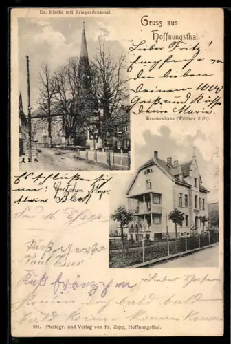 AK Hoffnungsthal, Evangelische Kirche mit Kriegerdenkmal, Krankenhaus Wöllner Stift