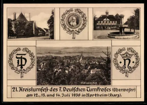 AK Northeim /Harz, 21. Kreisturnfest des 7. Deutschen Turnfestes Oberweser, Brauerei, Marktplatz mit Ottobrunnen