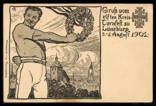 Künstler-AK Lüneburg, Elftes Kreis-Turnfest 1901, Turner mit Kranz