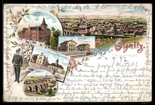 Lithographie Oelsnitz, Bahnhof, Hotel u. Rathaus, Kirche u. Pfarrhaus, Bergmann, Eisenbahn