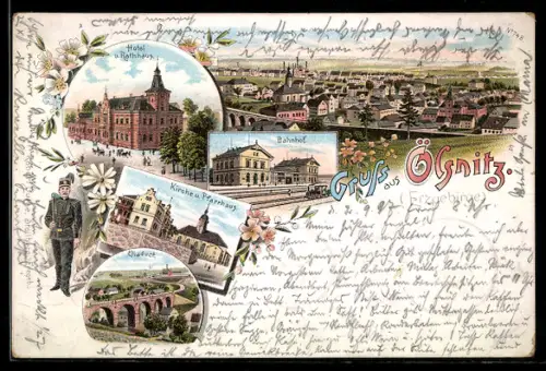 Lithographie Oelsnitz, Bahnhof, Hotel u. Rathaus, Kirche u. Pfarrhaus, Bergmann, Eisenbahn