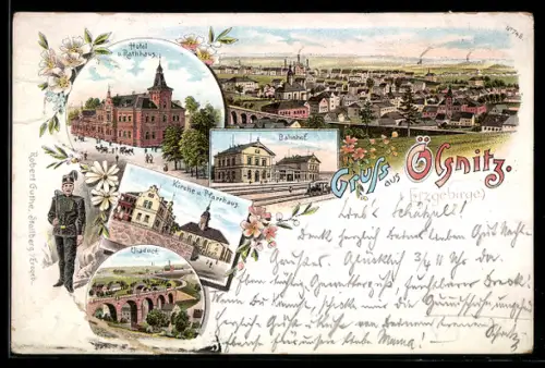Lithographie Oelsnitz, Bahnhof, Hotel u. Rathaus, Kirche u. Pfarrhaus, Bergmann, Eisenbahn