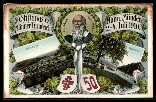 Künstler-AK Hann. Münden, 50. Stiftungsfest des Männer-Turnvereins, Totalansicht, Weserstein, F. L. Jahn 1778-1852