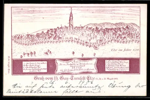 Lithographie Elze, 14. Gau-Turnfest Elze 1902, Teilansicht im Jahre 1720