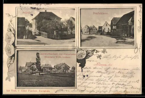 AK Rüssen /Zwenkau, Gasthaus zur Eisenbahn, Dorfstrasse, Schule