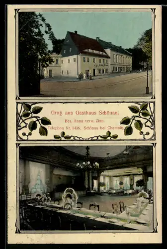 AK Schönau bei Chemnitz, Gasthaus Schönau, Bes. Anna Zinn