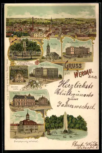 Lithographie Werdau, Realschule, Rathaus, E. Schmelzers Villa, Neue Schule, Brunnengrotte