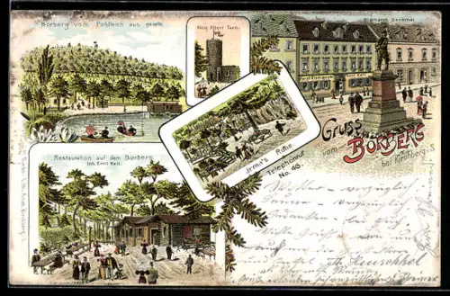 Lithographie Kirchberg i. S., Borberg, Bismarck-Denkmal, König Albert-Turm, Restaurant auf dem Borberg, Inh. Emil Keil