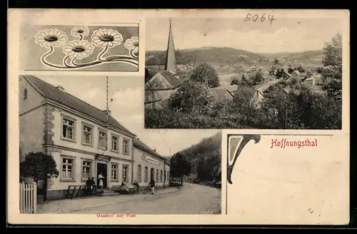 AK Hoffnungstal, Gasthof zur Post, Inh. Ww. Franz Blech, Teilansicht mit Kirche, Jugendstil im Passepartout