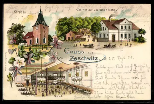 Lithographie Zeschwitz / Zwenkau, Gasthof zur Deutschen Eiche, Saal, Kirche