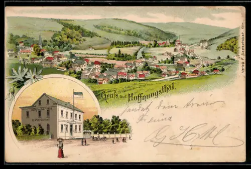 Lithographie Hoffnungstal, Panorama und Gasthof Bergischer Hof von G. Vierkötter