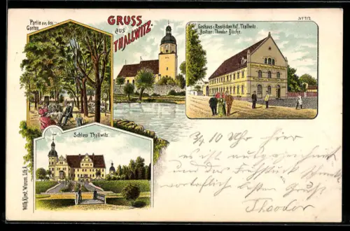 Lithographie Thallwitz, Gasthaus z. Reusischen Hof, Bes. THeodor Döcke, Schloss und Gartenansicht