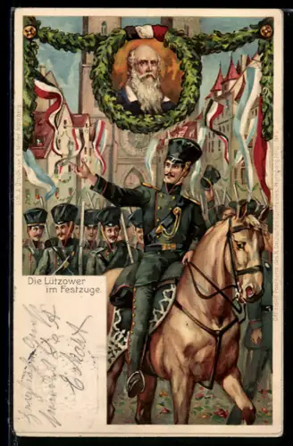 AK Nürnberg, X. Deutsches Turnfest 1903, Lützower Husaren im Festzug, Turnvater Jahn, Ganzsache Bayern