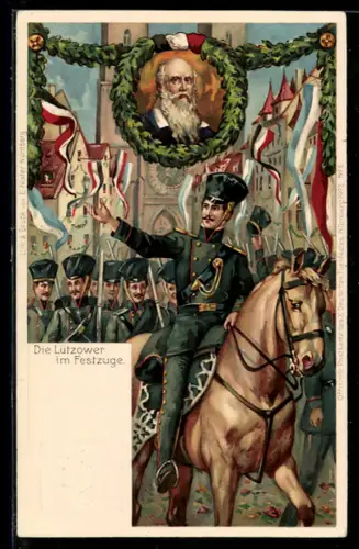 AK Nürnberg, X. Deutsches Turnfest 1903, Lützower Husaren im Festzug, Turnvater Jahn, Ganzsache Bayern