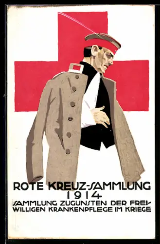 Künstler-AK Ludwig Hohlwein: Rote Kreuz-Sammlung 1914, verletzter Soldat, Ganzsache Bayern