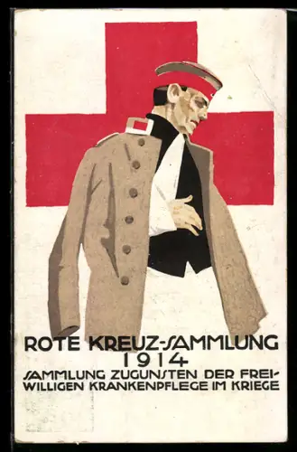 Künstler-AK Ludwig Hohlwein: Verwundeter Soldat, Rote Kreuz-Sammlung 1914, Ganzsache Bayern