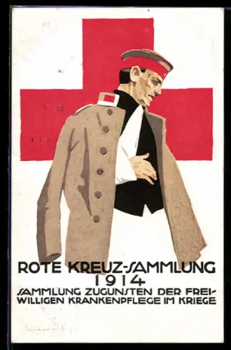 Künstler-AK Ludwig Hohlwein: Verwundeter Soldat, Rote Kreuz-Sammlung 1914, Ganzsache Bayern