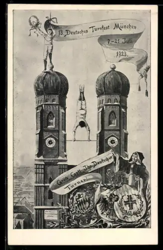 Künstler-AK München, 13. Deutsches Turnfest 1923, Sportler turnen auf der Frauenkirche, Ganzsache