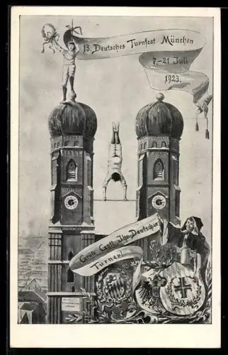 Künstler-AK München, 13. Deutsches Turnfest 1923, Sportler turnen auf der Frauenkirche, Ganzsache
