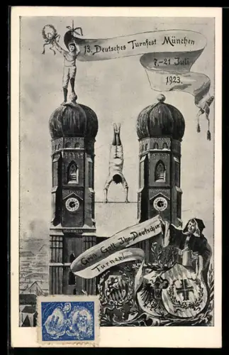 Künstler-AK München, 13. Deutsches Turnfest 1923, Sportler turnen auf der Frauenkirche, Ganzsache