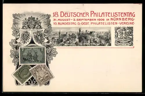 AK Nürnberg, 18. Deutscher Philatelistentag, 31.8. - 2.9.1906, Wappen, Briefmarken, Ganzsache Bayern