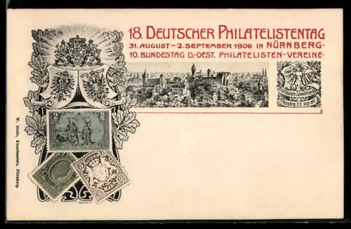 AK Nürnberg, 18. Deutscher Philatelistentag, 31.8. - 2.9.1906, Wappen, Briefmarken, Ganzsache Bayern