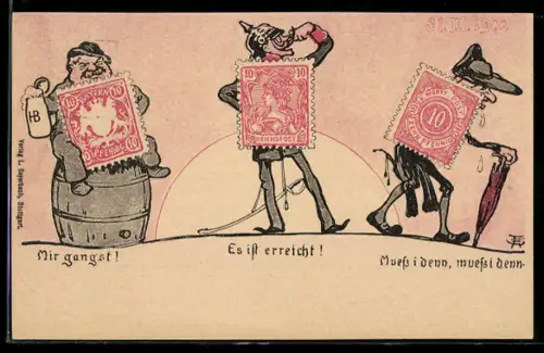 AK Briefmarken, Mir gangst! Es ist erreicht! Muss i denn, muss i denn!, Ganzsache Württemberg
