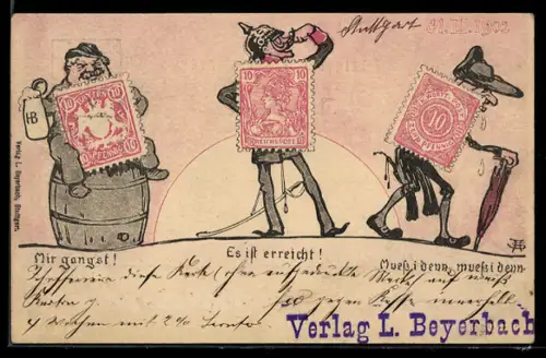 AK Briefmarken, Mir gangst! Es ist erreicht! Muss i denn, muss i denn!, Ganzsache Württemberg