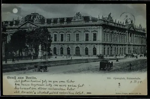 Mondschein-AK Berlin, Opernplatz, Ruhmeshalle mit Satue u. Strasse