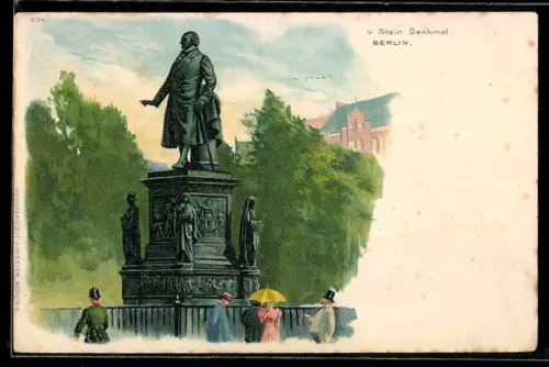 Lithographie Berlin, v. Stein Denkmal mit Besuchern, Polizist