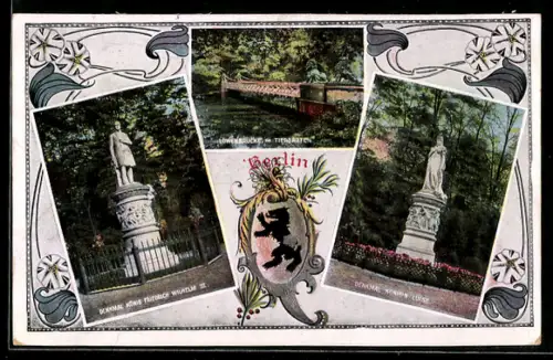 AK Berlin, Löwenbrücke im Tiergarten, Denkmal König Friedrich Wilhelm III., Denkmal Königin Luise, Wappen, Ornamente