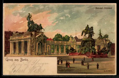 Lithographie Berlin, National-Denkmal, Passanten, Panorama