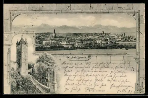 AK Kaufbeuren, Ortsansicht mit Bergpanorama, Turm u. Säule, Burgfenster-Passepartout