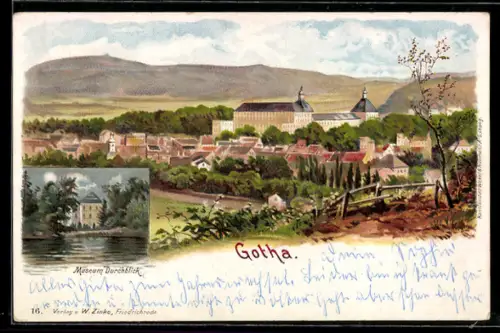 Lithographie Gotha, Schloss, Ortsansicht, Museum Durchblick