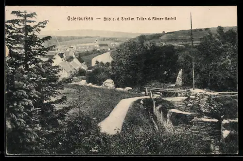 AK Osterburken, Blick auf die Stadt mit Teilen des Römer-Kastells