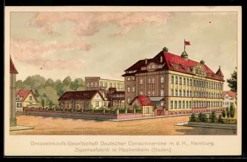 Künstler-AK Hockenheim /Baden, Zigarrenfabrik der Grosseinkaufs-Gesellschaft Deutscher Consumvereine