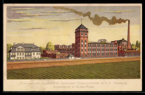 Künstler-AK Gröba /Riesa, Seifenfabrik der Grosseinkaufs-Gesellschaft Deutscher Consumvereine, Panorama